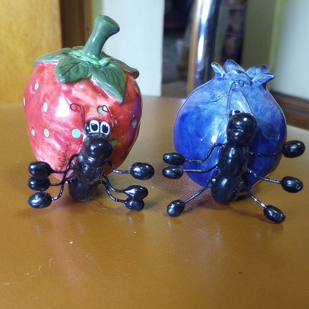 Vintage Ceramic Salt & Pepper Shakers.  Decorative Strawberry & Blueberry, Ants